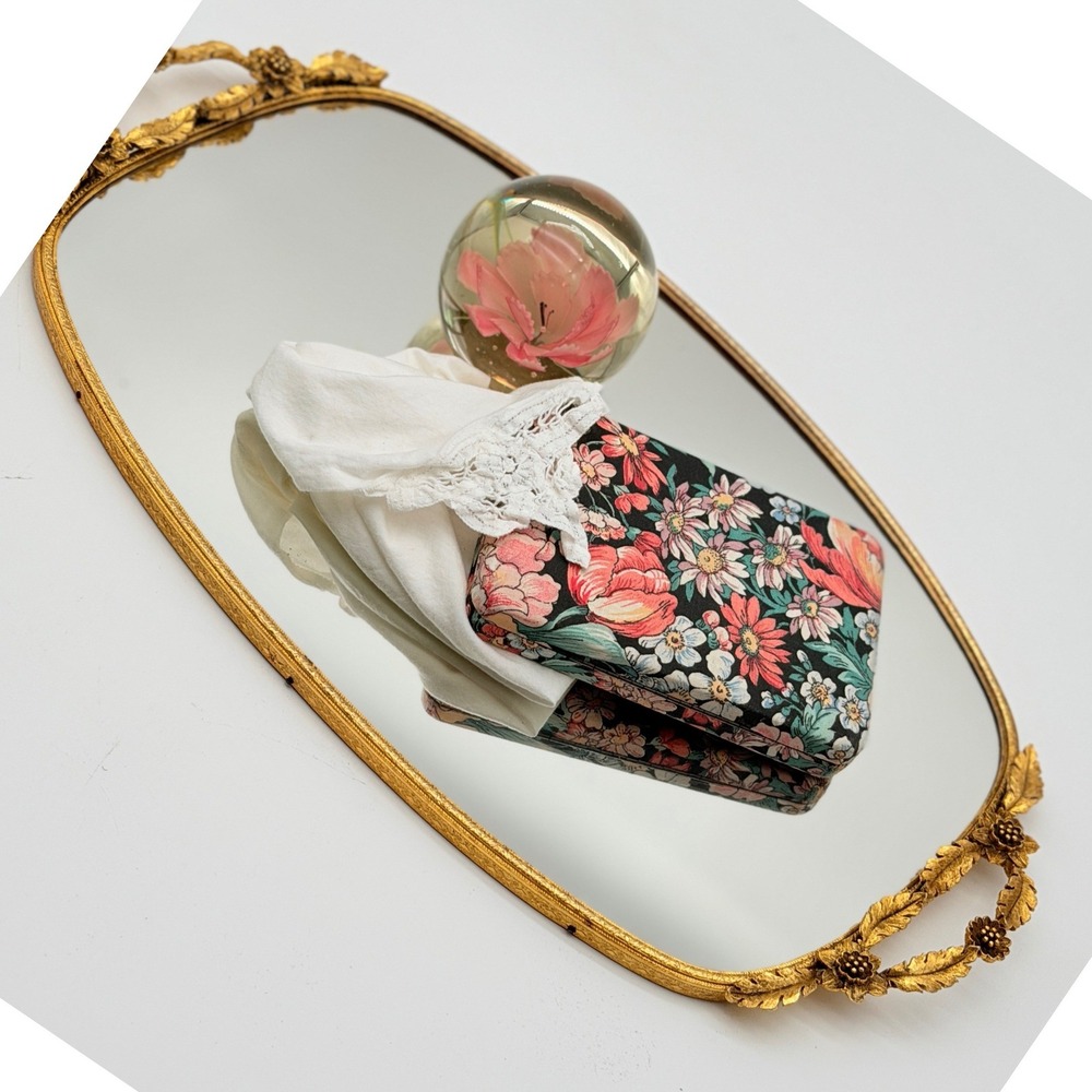 Vintage Hollywood Regency Gold Filigree Mirrored Vanity Tray Floral Handles Oval